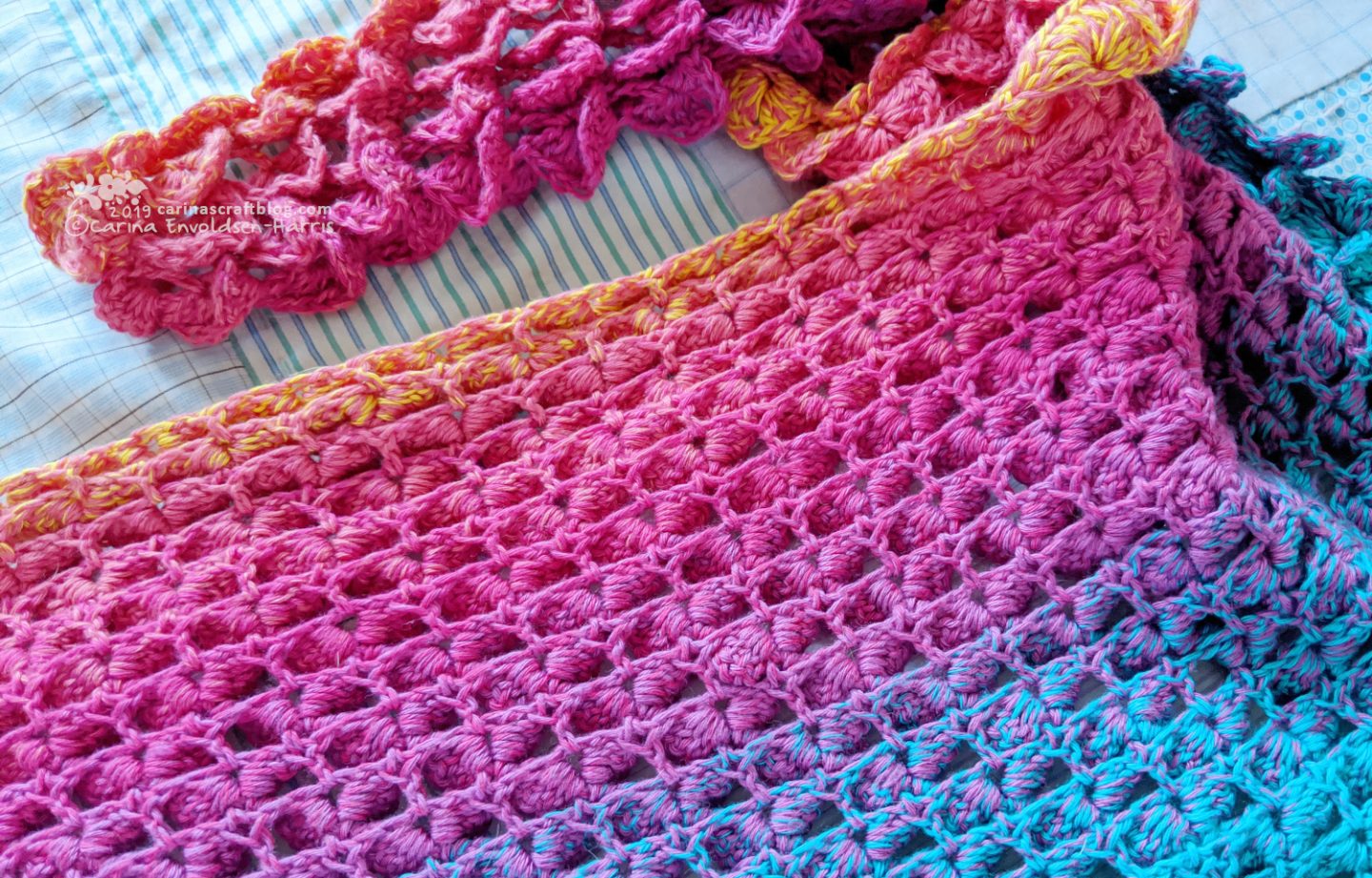 Close up of back of crochet scarf.