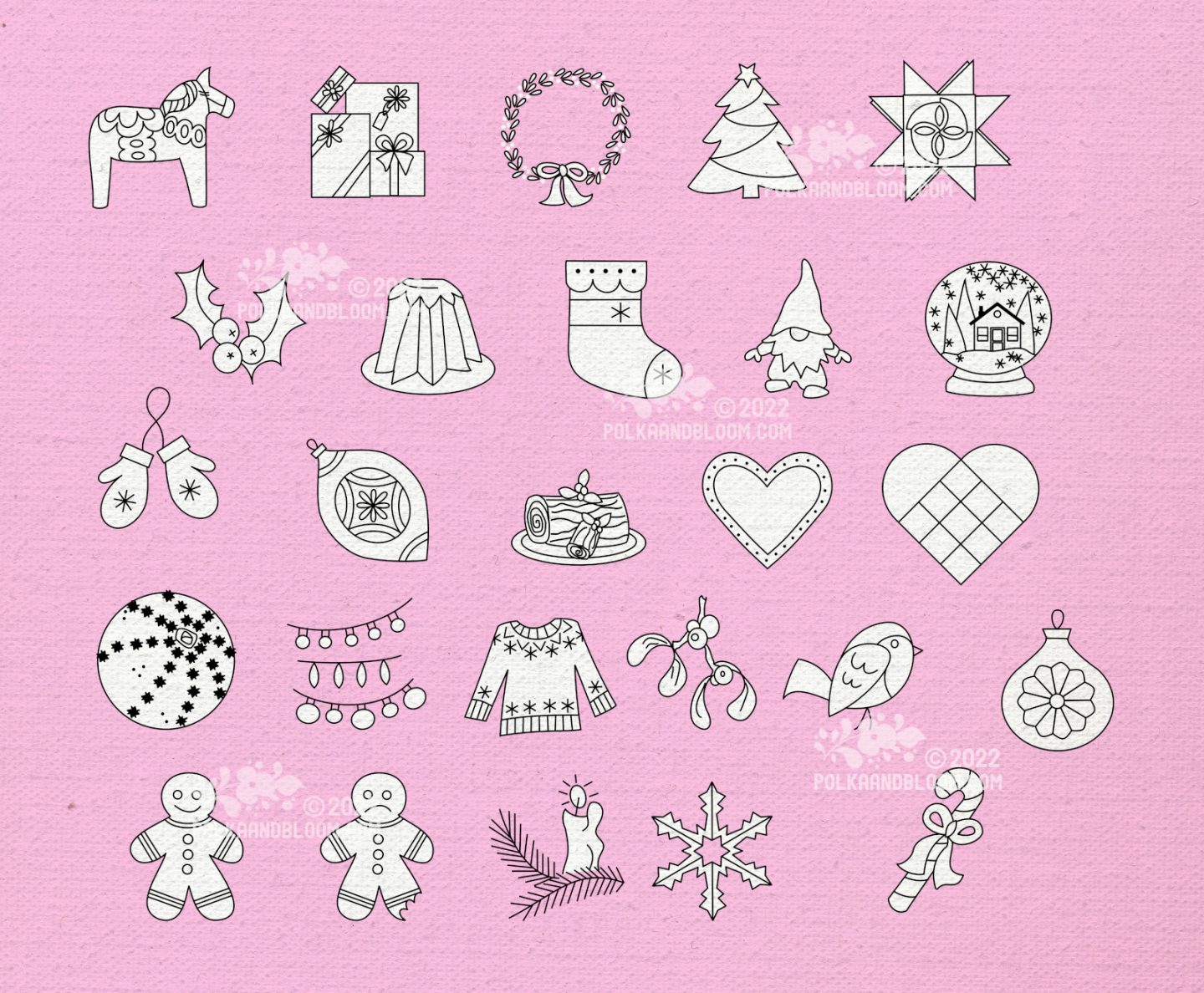 A graphic with Christmas motifs in black and white on a pink background.