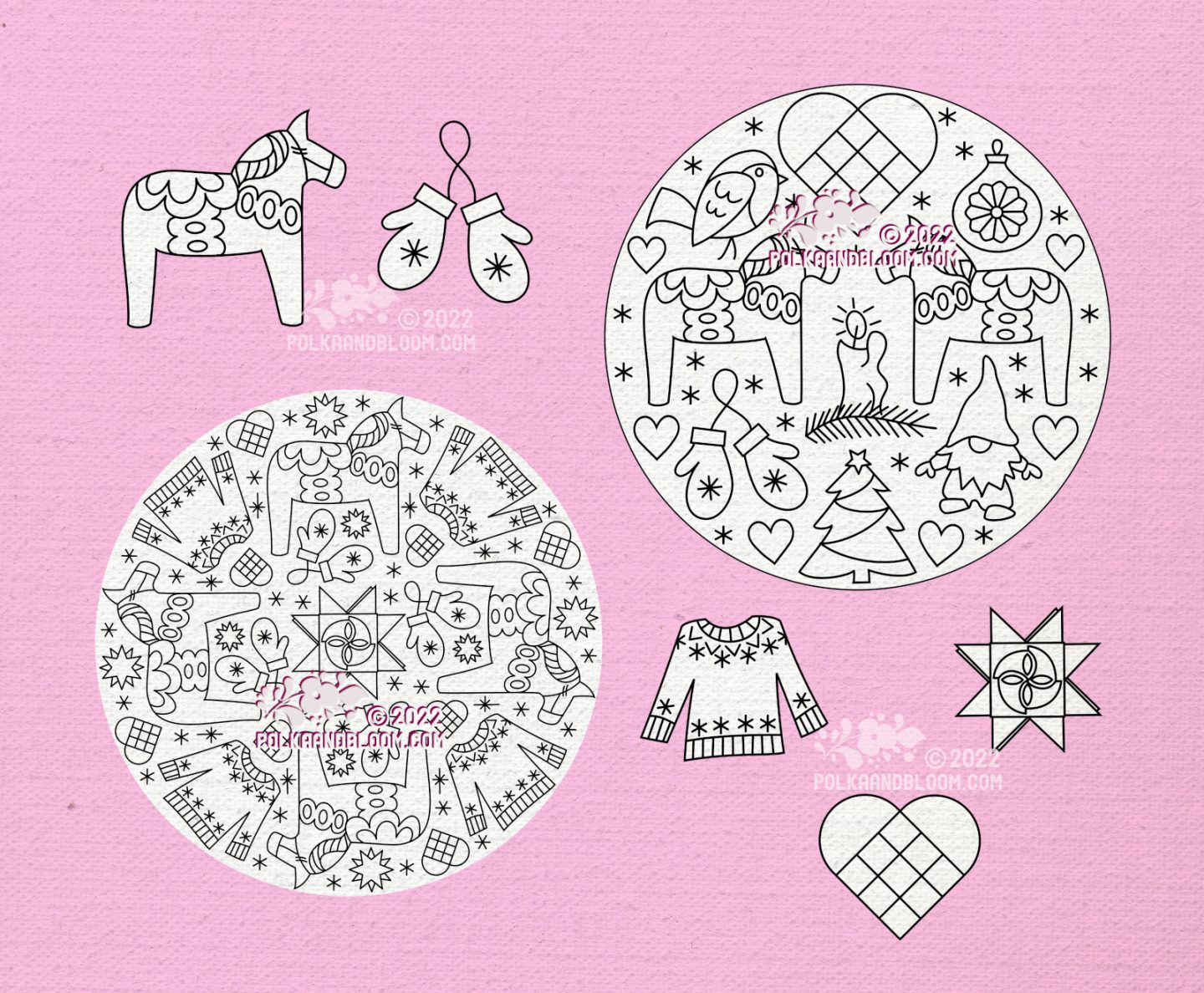 A graphic with Christmas motifs in black and white on a pink background.