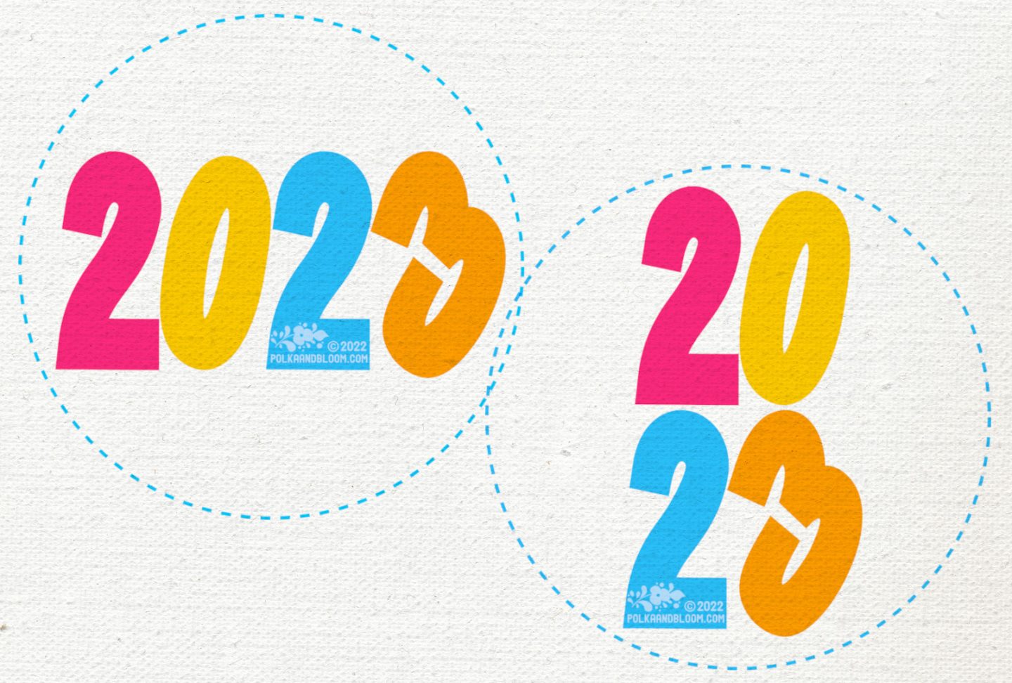 graphic on textured background. The graphic consists of two circles, both with the number 2023 in them.