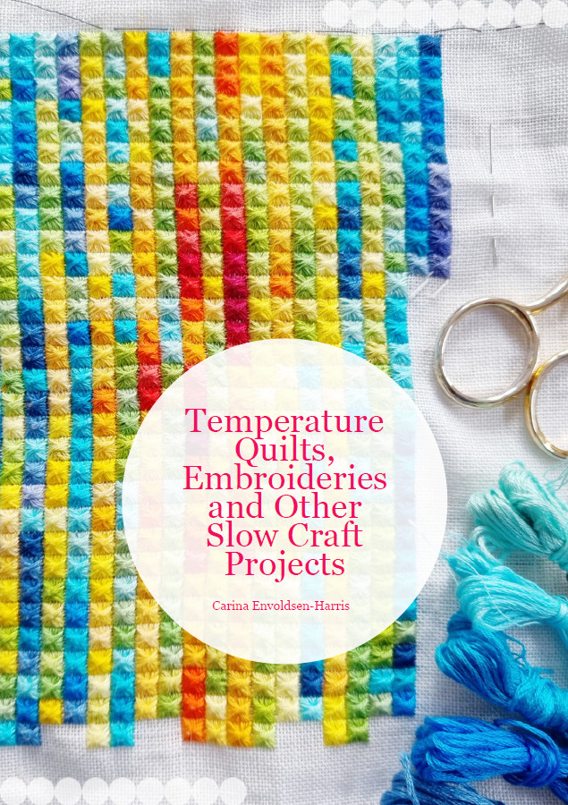 Screenshot of the cover of a PDF ebook in A4 format. On the cover is a closeup of an embroidery in a grid with lots of colourful squares. The title text sits in a white circle.
