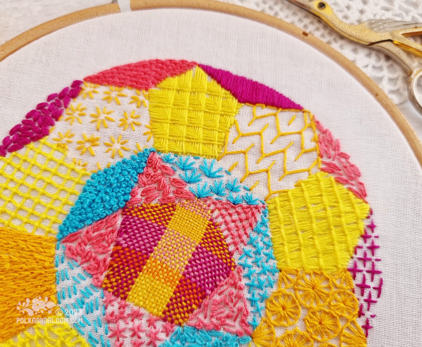 Close up of embroidery on white fabric in an embroidery hoop. The embroidery uses many different stitches in blue, pink and warm yellow colours.