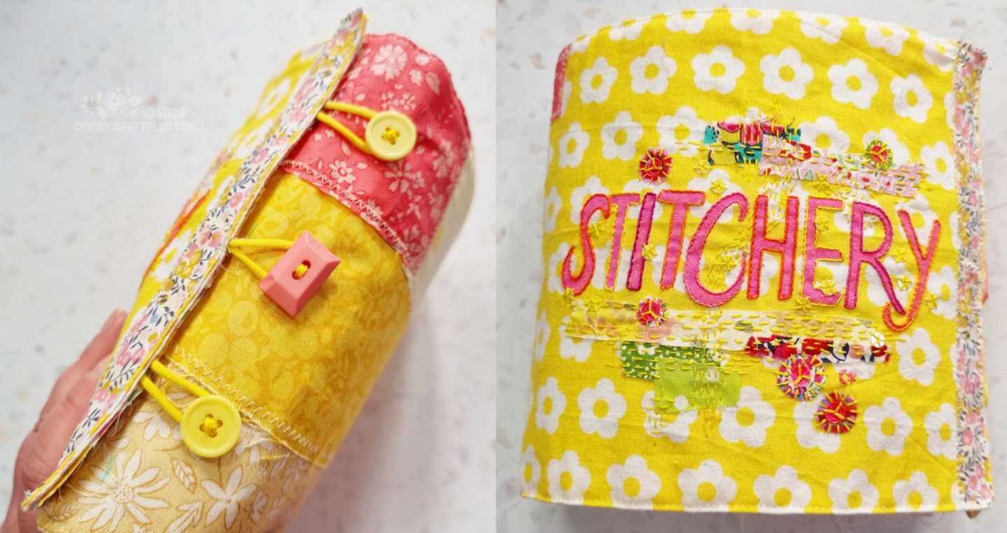 A collage of two images. The left image shows the closure of a textile book, it is closed with three buttons and thin yellow elastic. The image on the right shows the front of the textile book. It is yellow fabric with white flowers, decorated with the word stitchery and embellished with stitching, sequins and fabric scraps.
