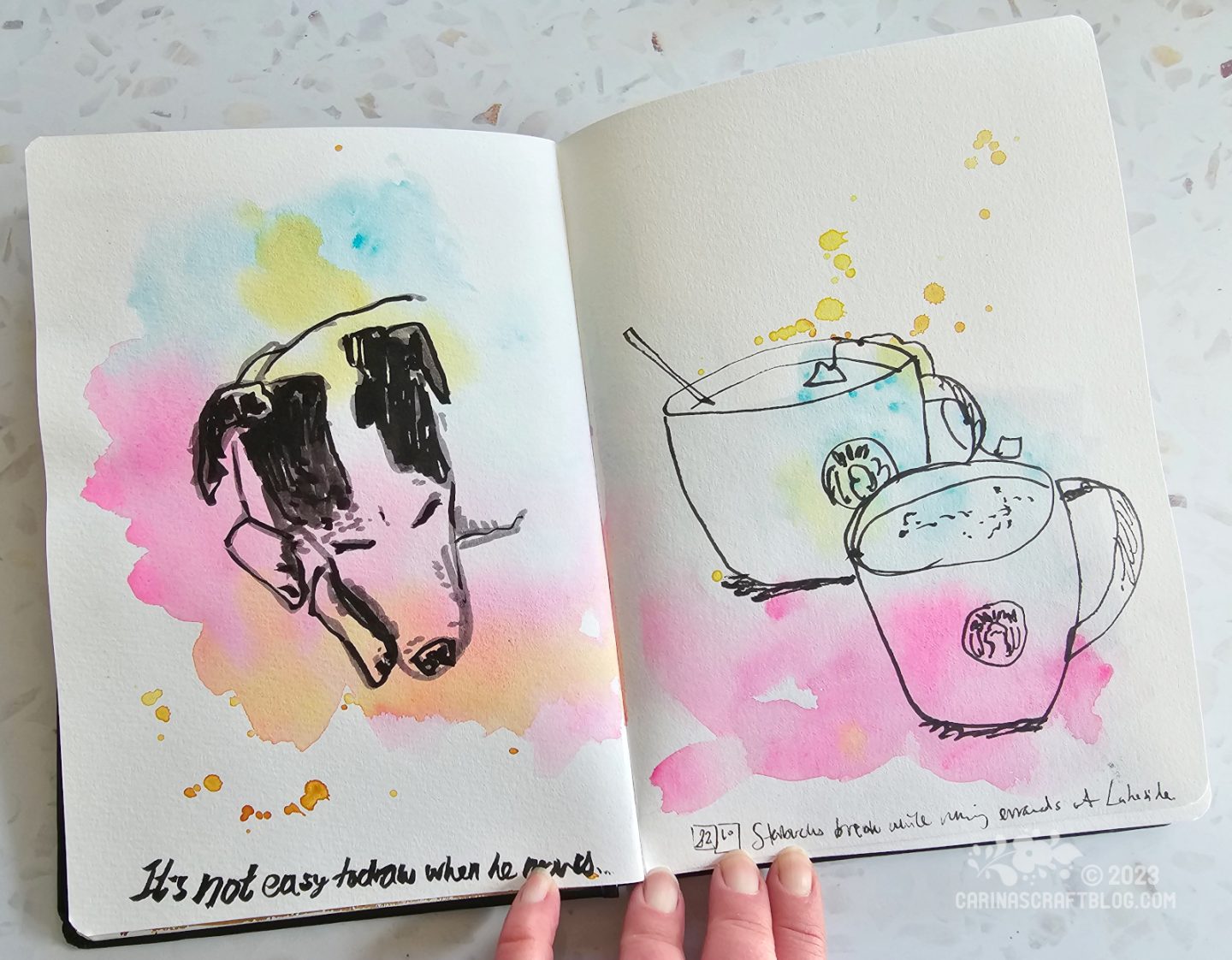 Photo of an open spread in a sketchbook. The spread shows a sketch of a sleeping dog on the left page and two mugs on the right page, both sketches drawn over pink, yellow and blue watercolour splashes.