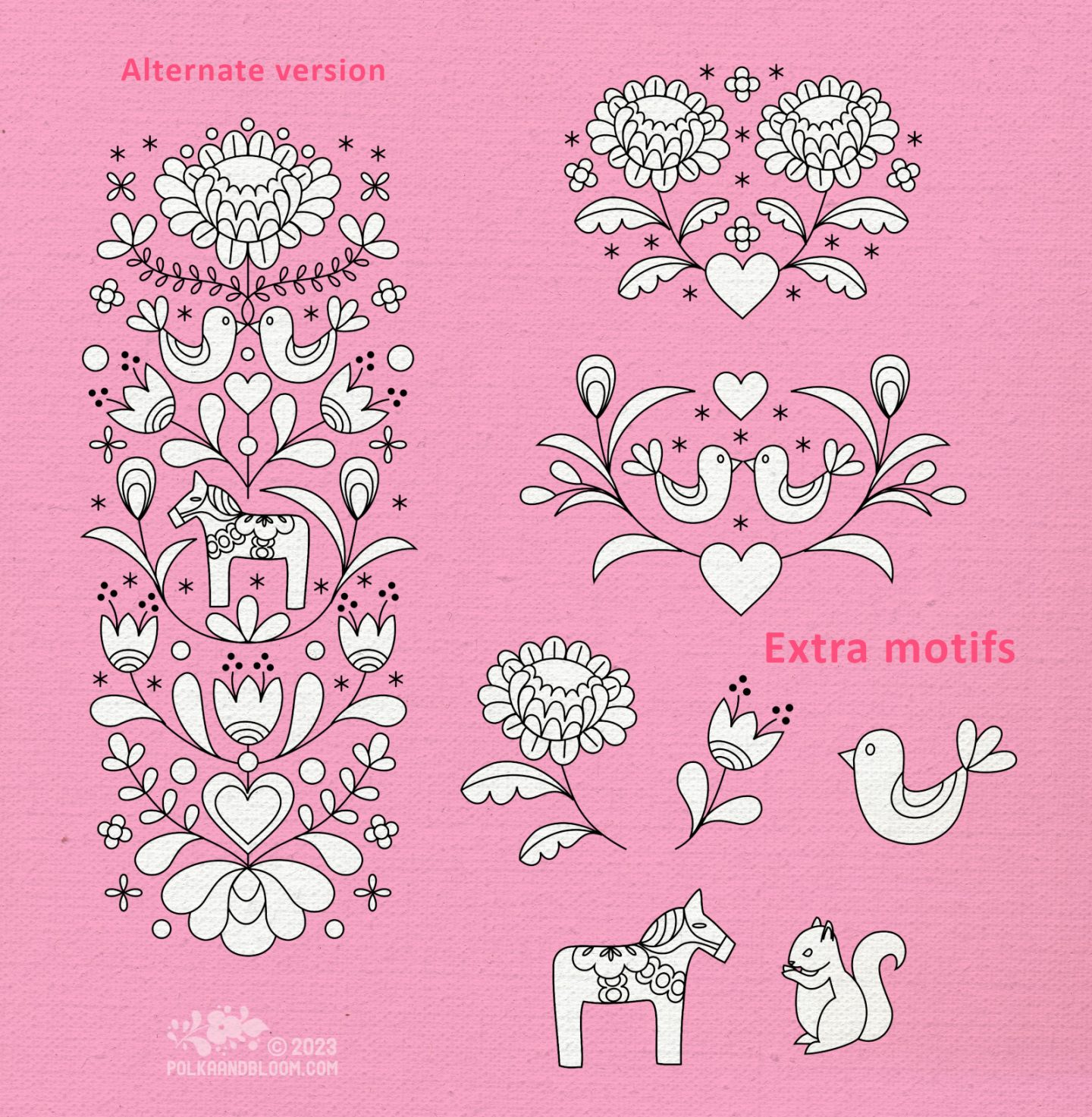 Scandi inspired line work motifs in white and black on a pink background.